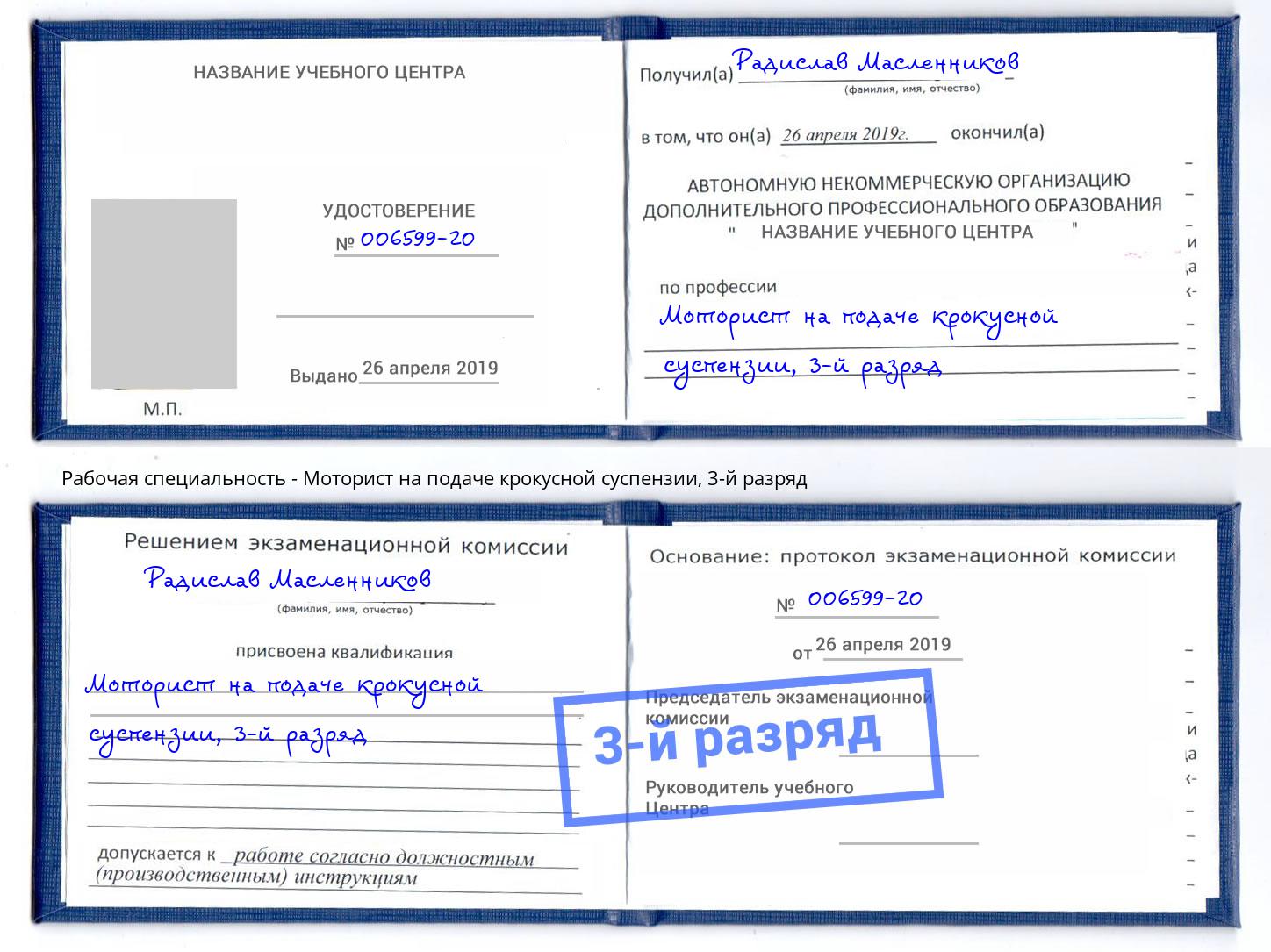 корочка 3-й разряд Моторист на подаче крокусной суспензии Железногорск
