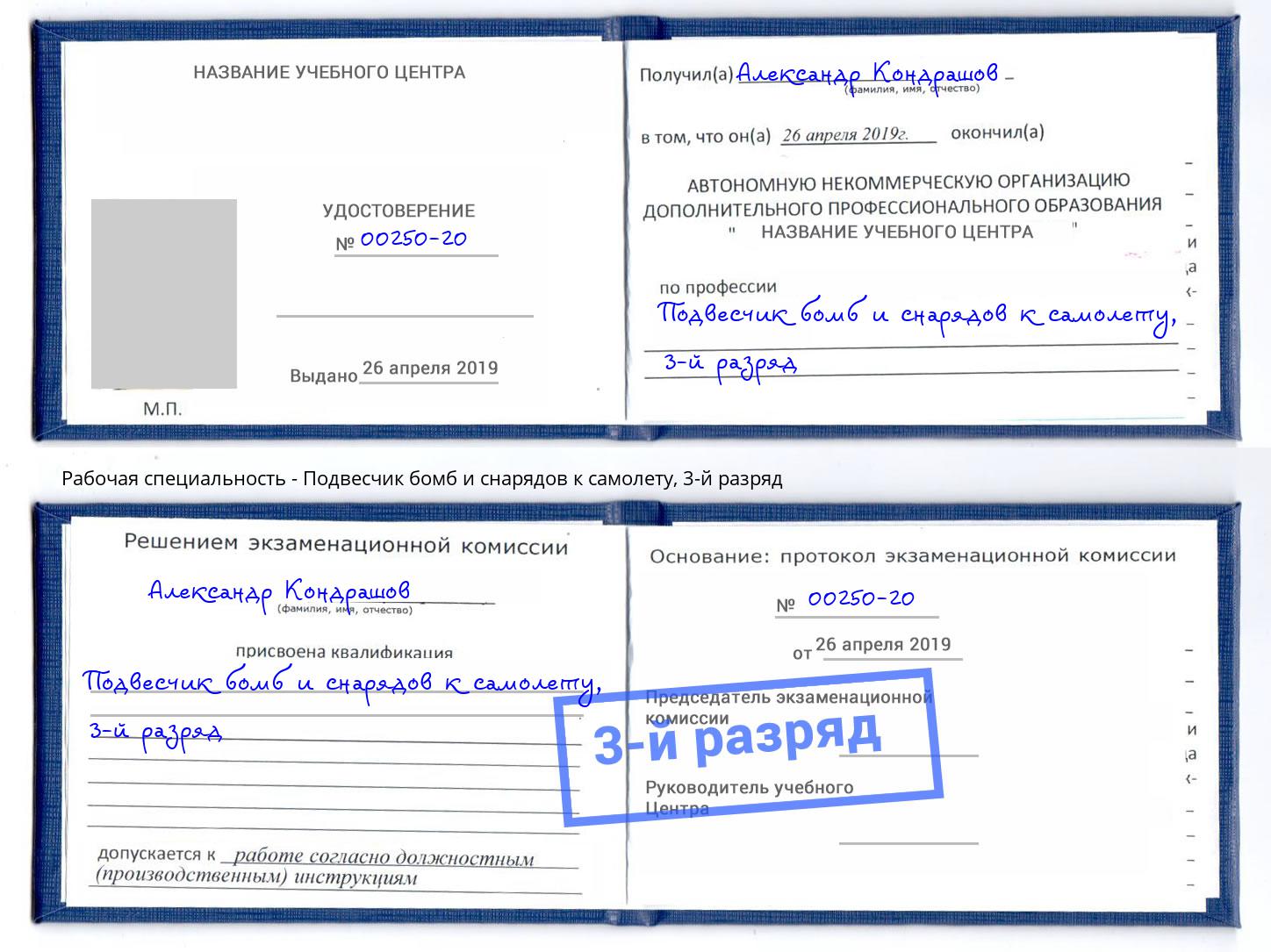 корочка 3-й разряд Подвесчик бомб и снарядов к самолету Железногорск