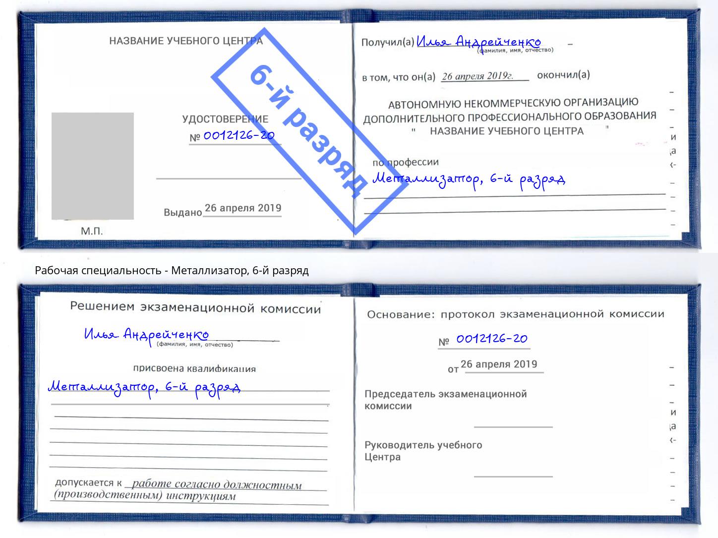 корочка 6-й разряд Металлизатор Железногорск