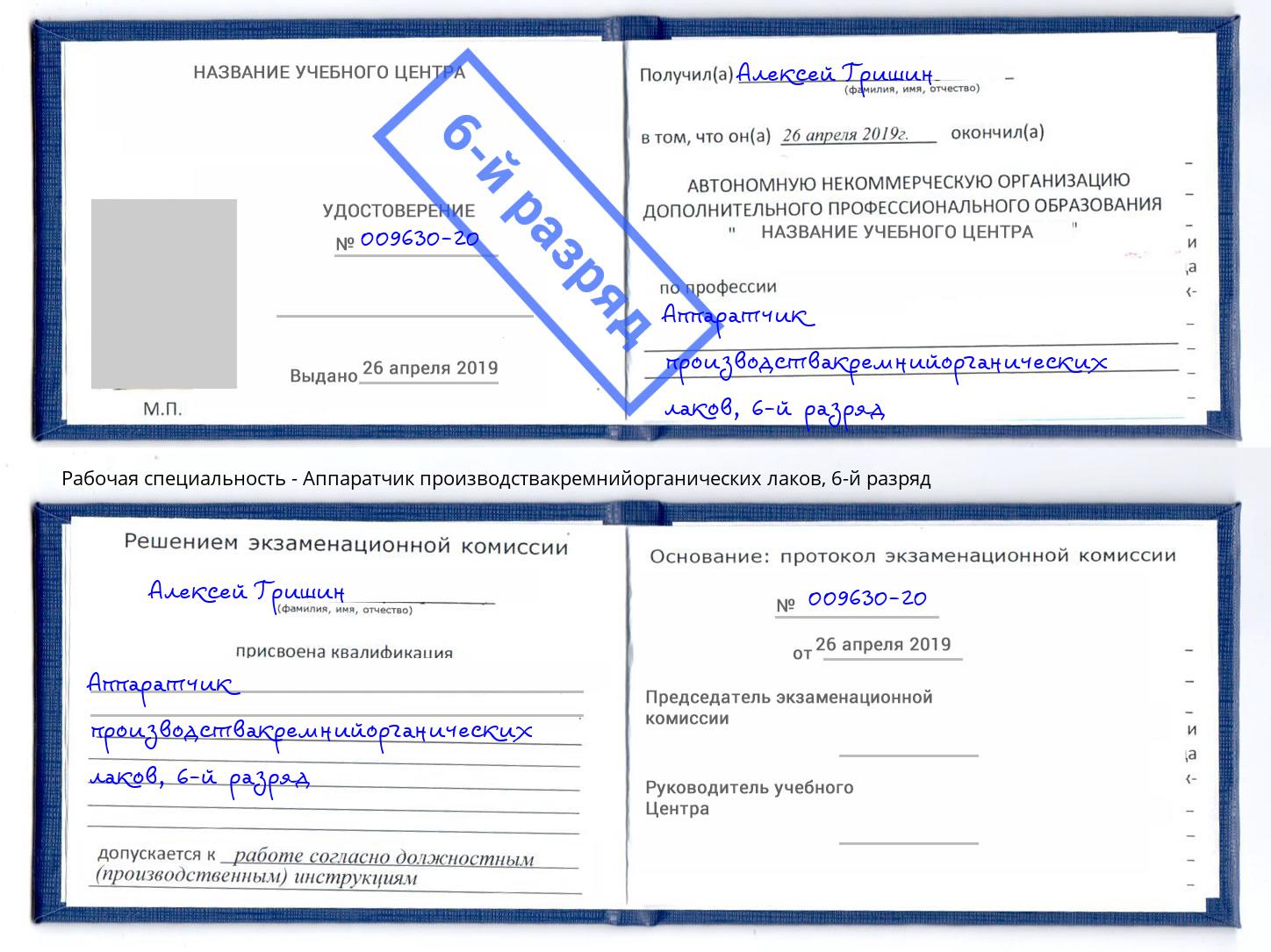 корочка 6-й разряд Аппаратчик производствакремнийорганических лаков Железногорск