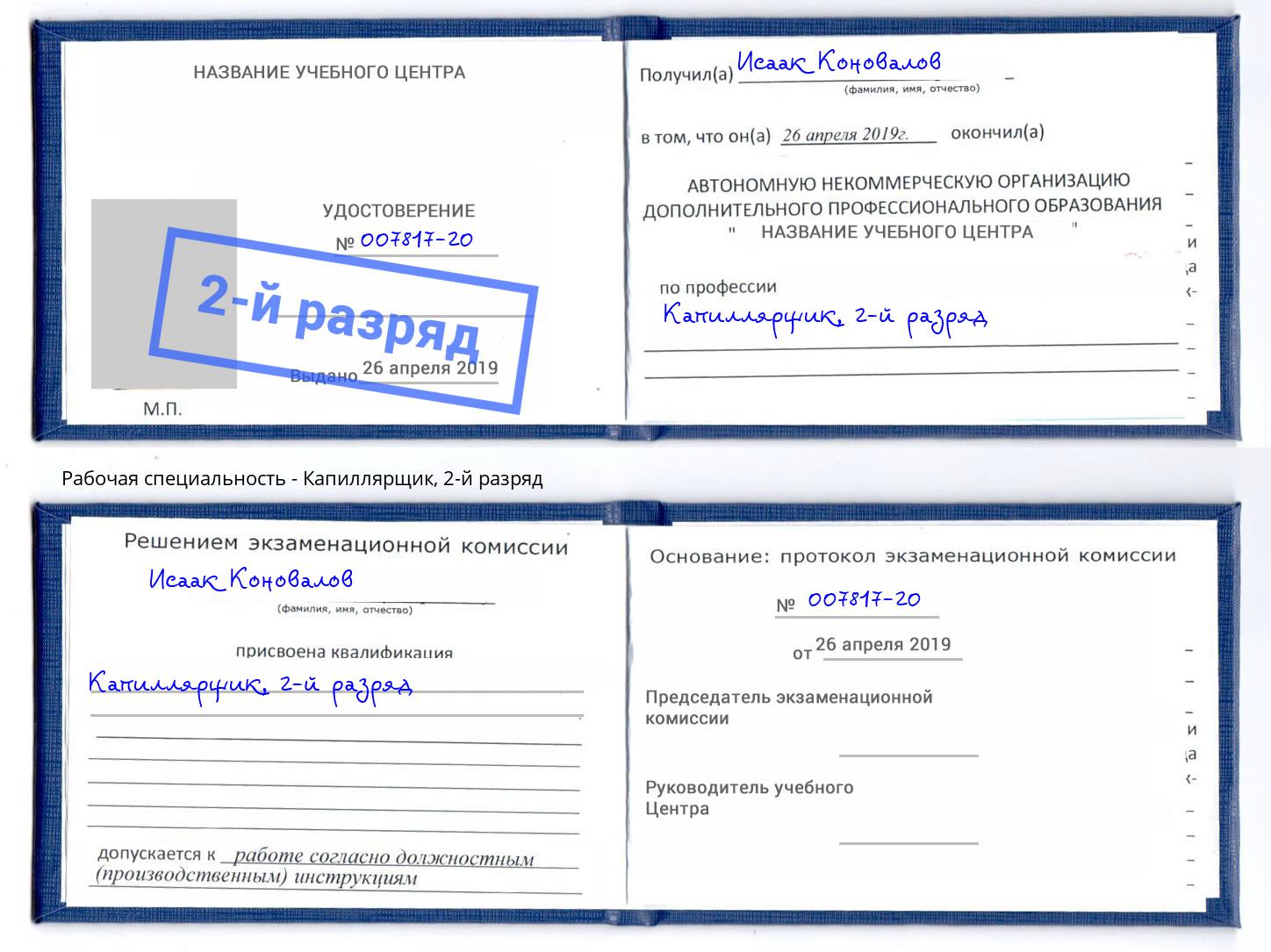 корочка 2-й разряд Капиллярщик Железногорск