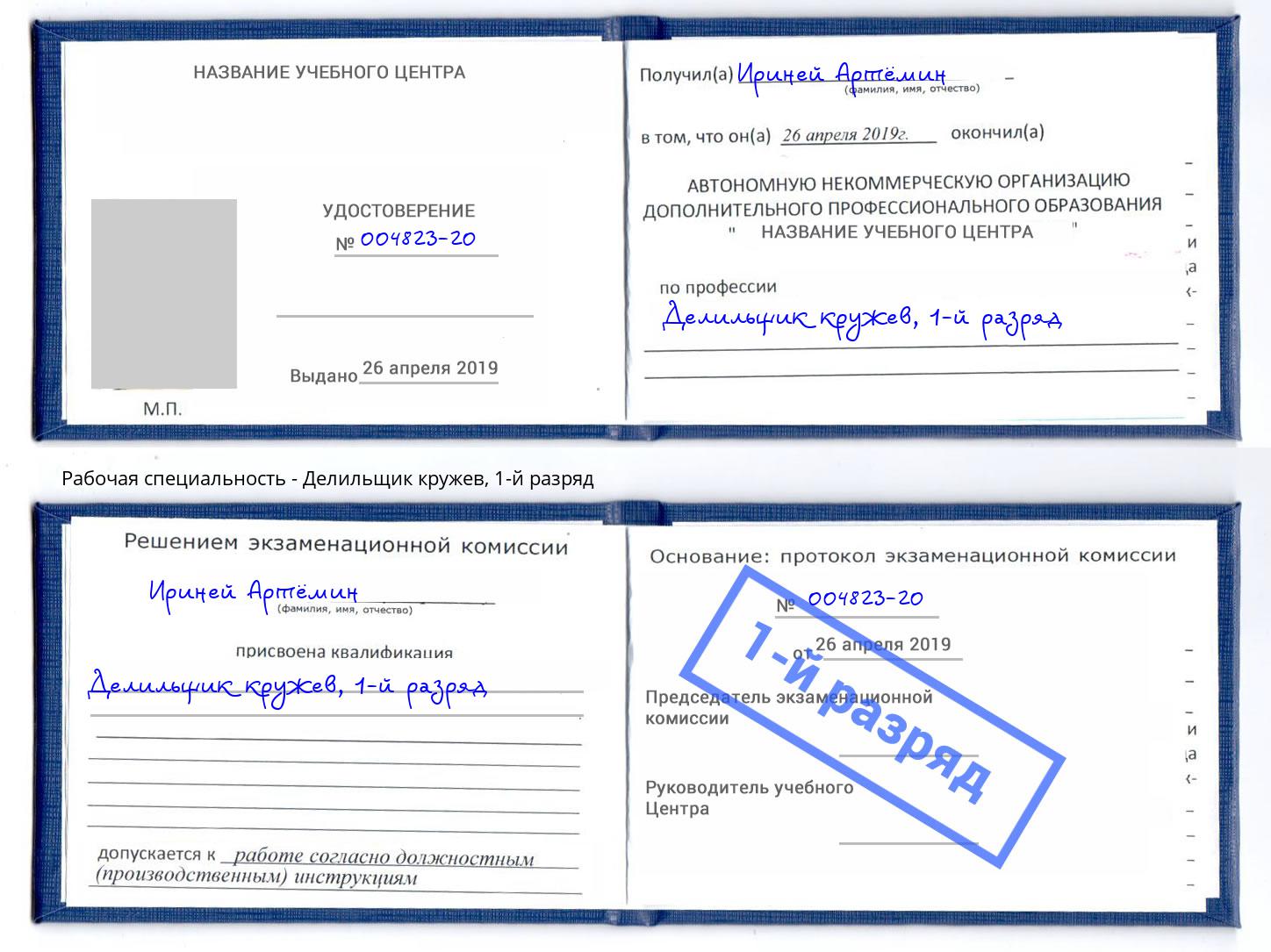 корочка 1-й разряд Делильщик кружев Железногорск