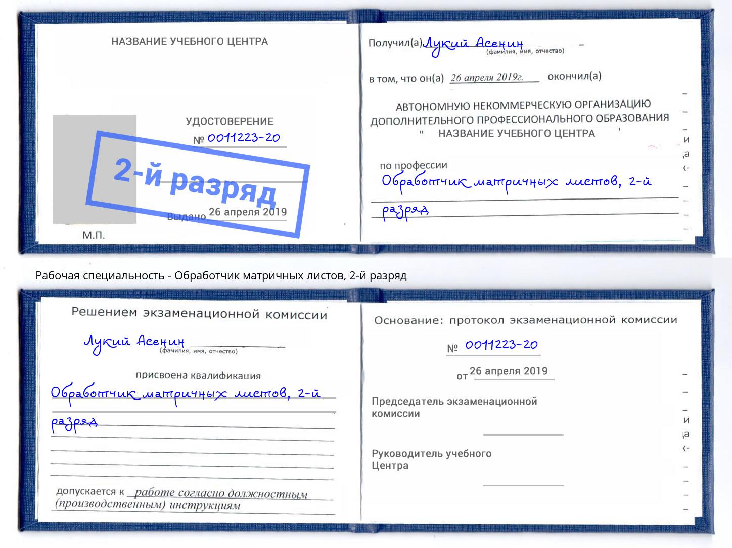 корочка 2-й разряд Обработчик матричных листов Железногорск