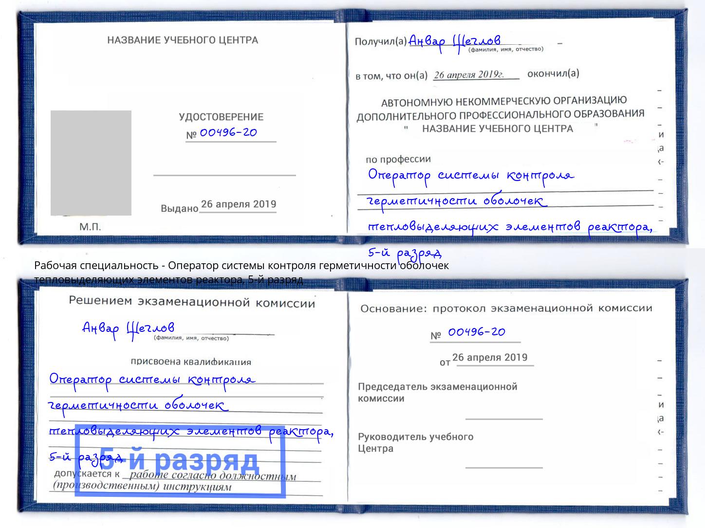 корочка 5-й разряд Оператор системы контроля герметичности оболочек тепловыделяющих элементов реактора Железногорск